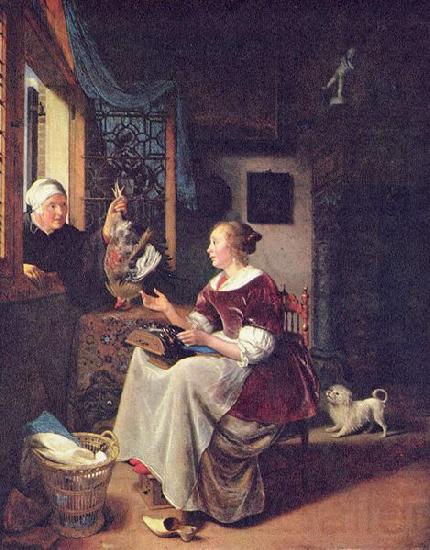 Pieter Cornelisz. van Slingelandt A young lacemaker is interrupted by a birdseller who offers her ware through the window Spain oil painting art